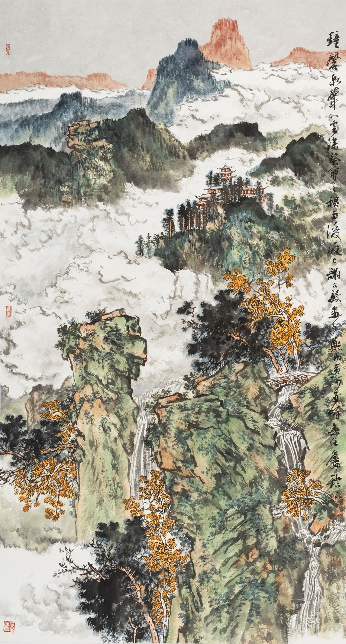 <h2>钟磬泉声入云深</h2><p>作者：谢冰毅</p><p>创作年代：2023年</p><p>规格：178cm×96cm</p><p>品类：纸本设色</p>